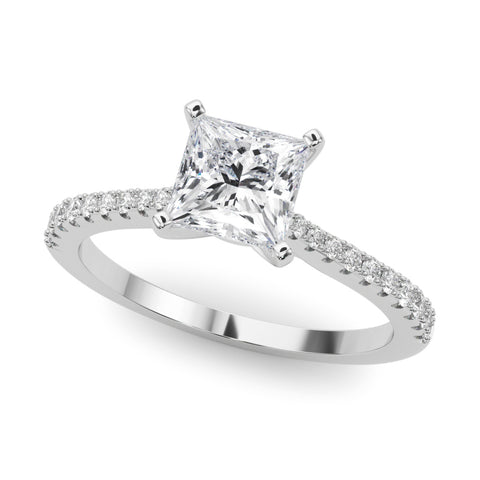 Silver Princess Cut Solitaire Diamond Engagement Ring with Pave Band and Four-Prong Setting 2