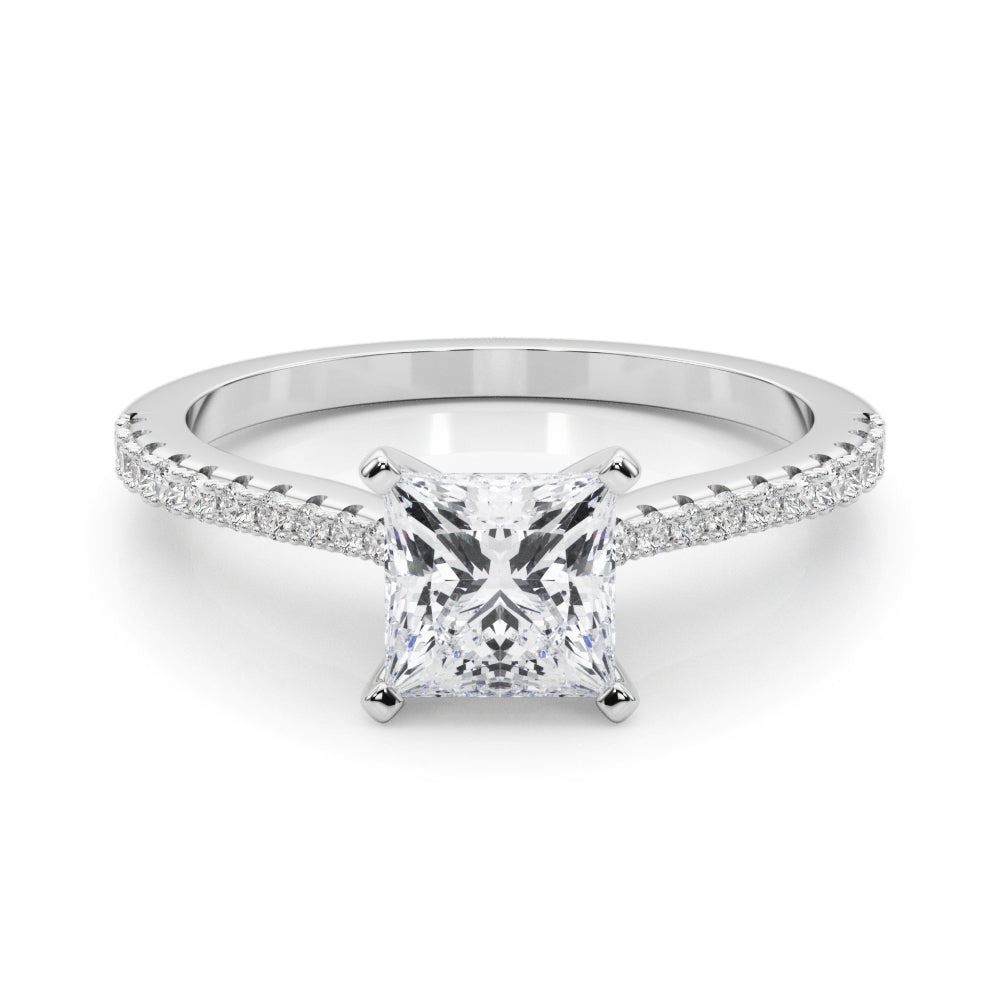 Silver Princess Cut Solitaire Diamond Engagement Ring with Pave Band and Four-Prong Setting