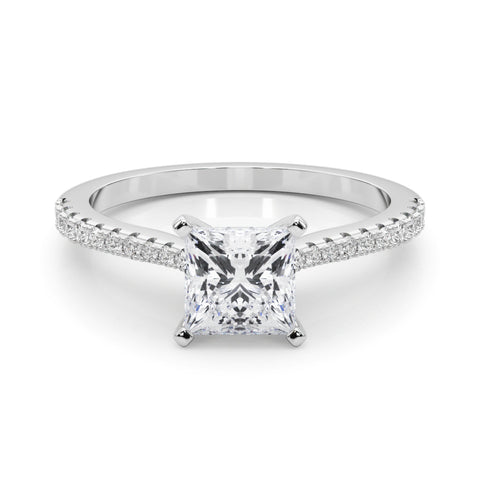 Silver Princess Cut Solitaire Diamond Engagement Ring with Pave Band and Four-Prong Setting
