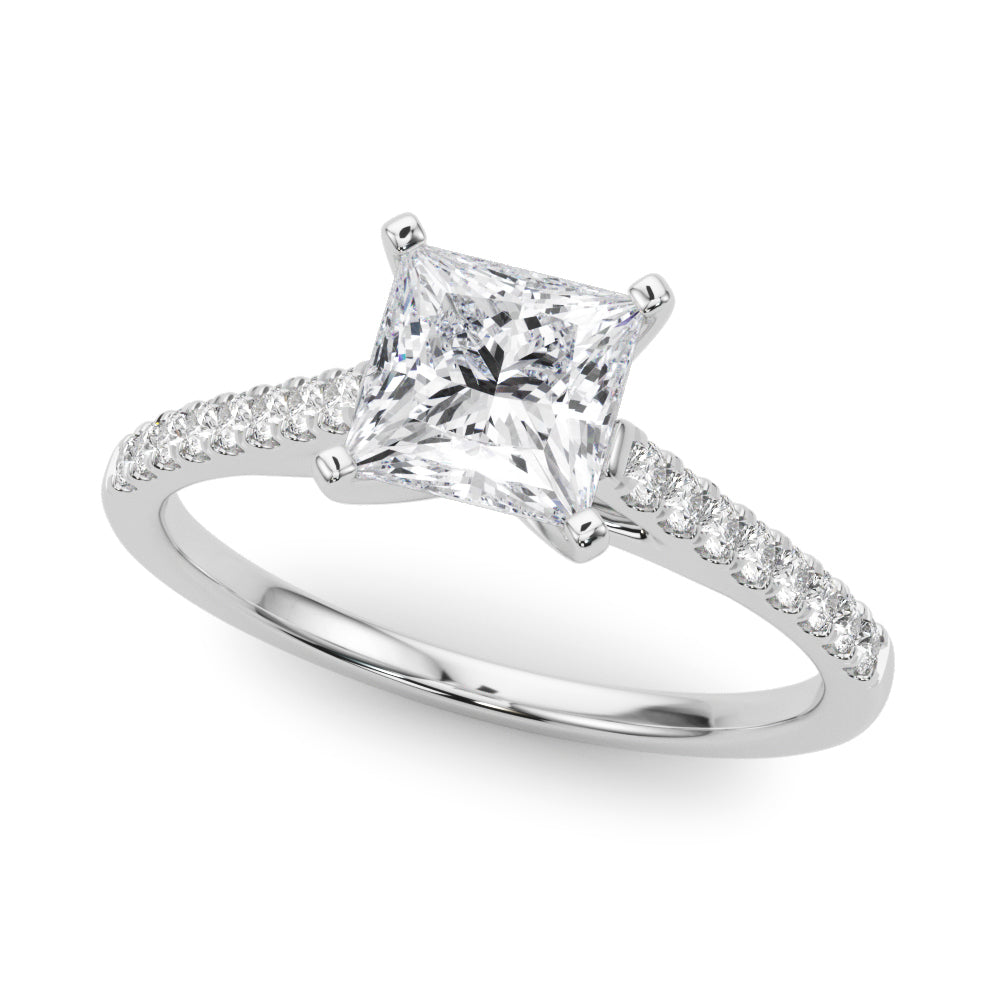 Silver Princess Cut Solitaire Diamond Ring with Pave Band and Four-Prong Setting 2