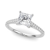 Silver Princess Cut Solitaire Diamond Ring with Pave Band and Four-Prong Setting 2