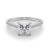 Silver Princess Cut Solitaire Diamond Ring with Pave Band and Four-Prong Setting