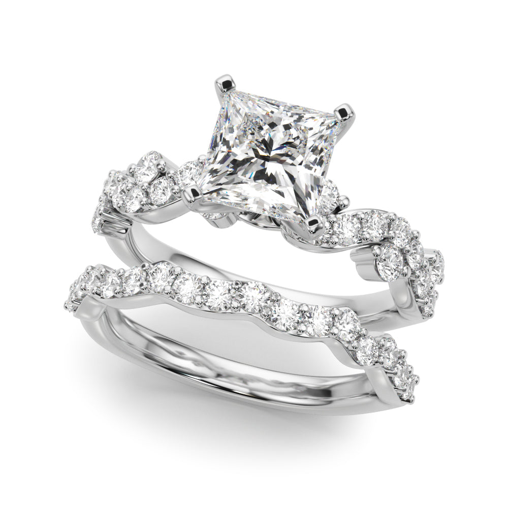 Silver Princess Cut Solitaire Diamond Twisted Band with Pave Setting