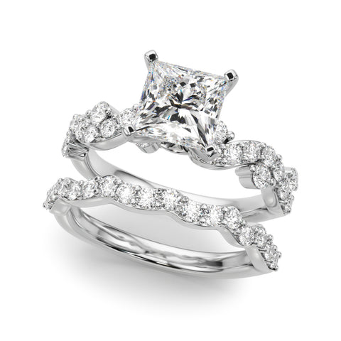 Silver Princess Cut Solitaire Diamond Twisted Band with Pave Setting