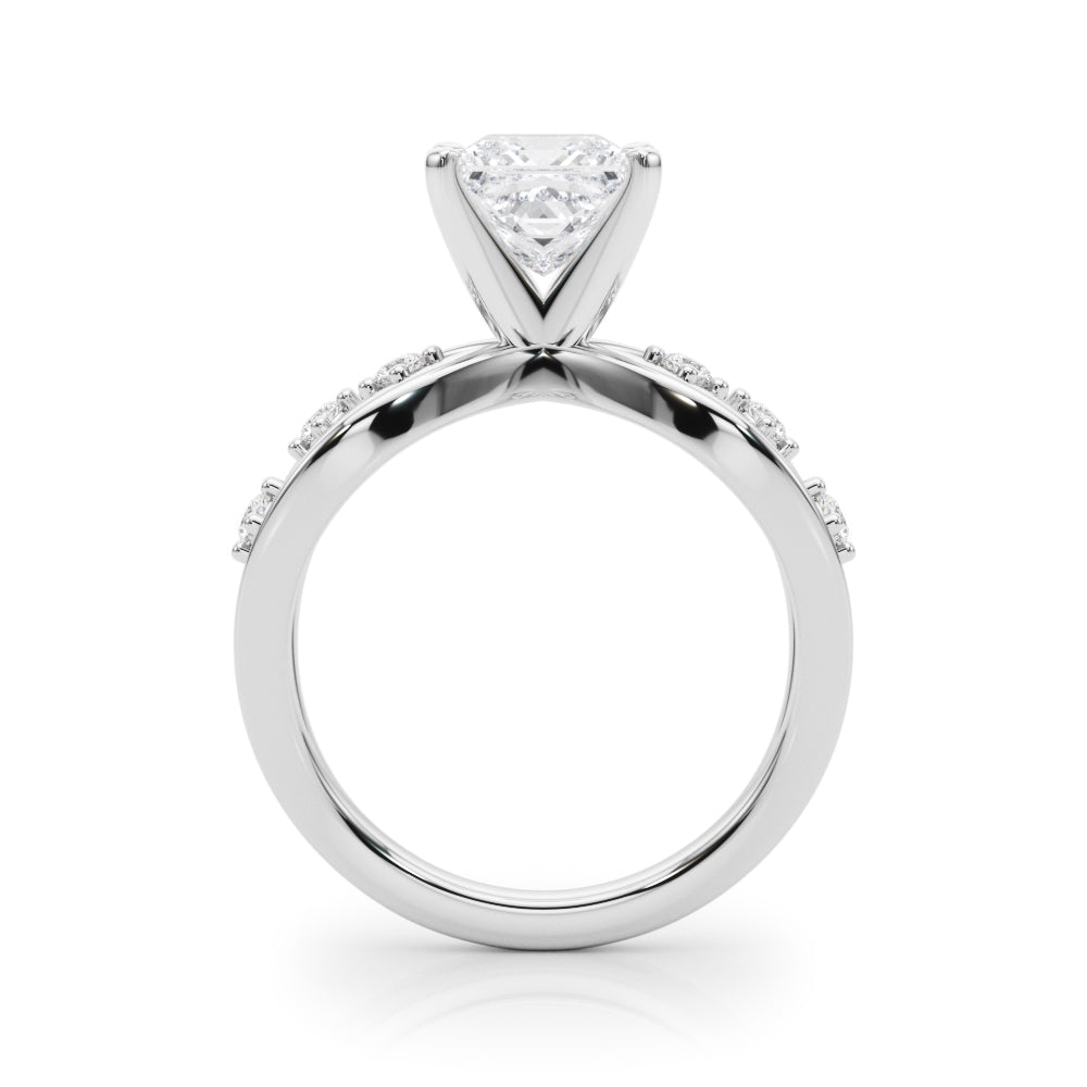 Silver Princess Cut Solitaire Diamond with Side Stones on Criss-Cross Band and Four-Prong Setting 1