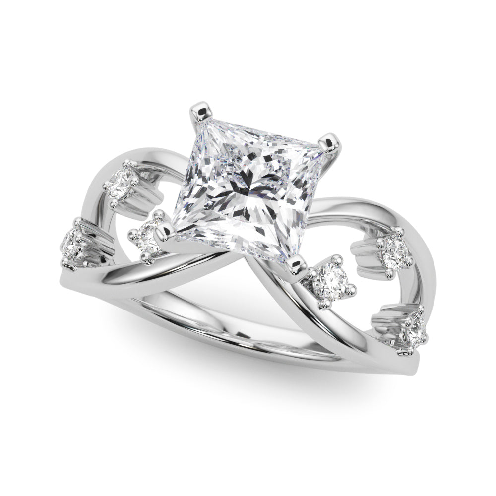 Silver Princess Cut Solitaire Diamond with Side Stones on Criss-Cross Band and Four-Prong Setting 2