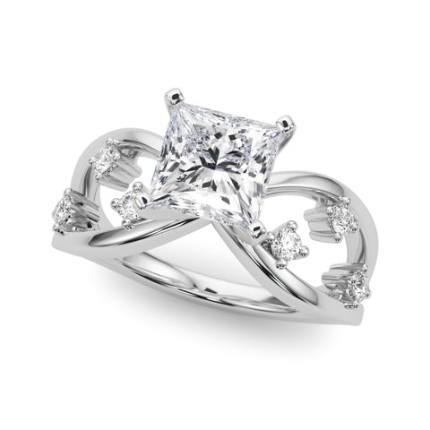 Silver Princess Cut Solitaire Diamond with Side Stones on Criss-Cross Band and Four-Prong Setting 2