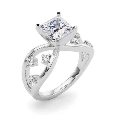 Silver Princess Cut Solitaire Diamond with Side Stones on Criss-Cross Band and Four-Prong Setting