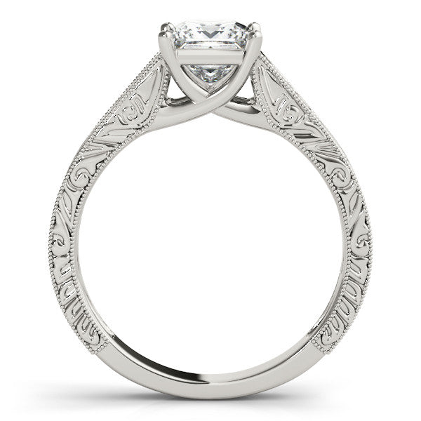 Silver Princess Cut Solitaire Engraved Band with Four-Prong Setting 1