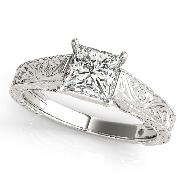 Silver Princess Cut Solitaire Engraved Band with Four-Prong Setting 2