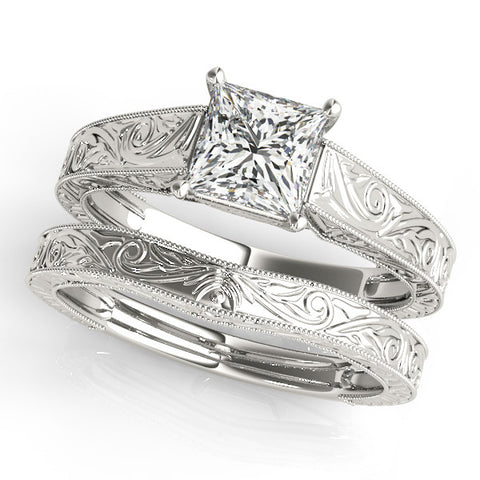 Silver Princess Cut Solitaire Engraved Band with Four-Prong Setting
