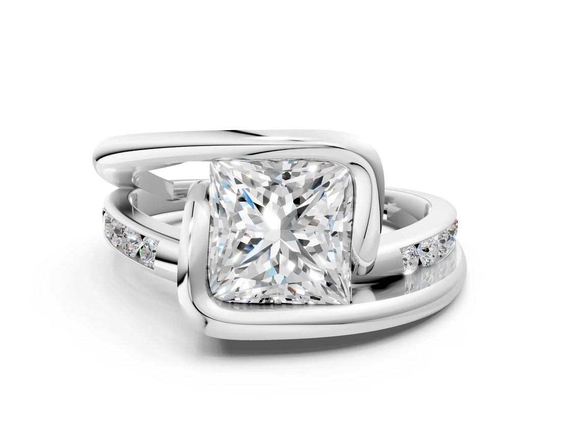 Silver Princess Cut Solitaire Tension-Set Diamond Split Shank Ring_25