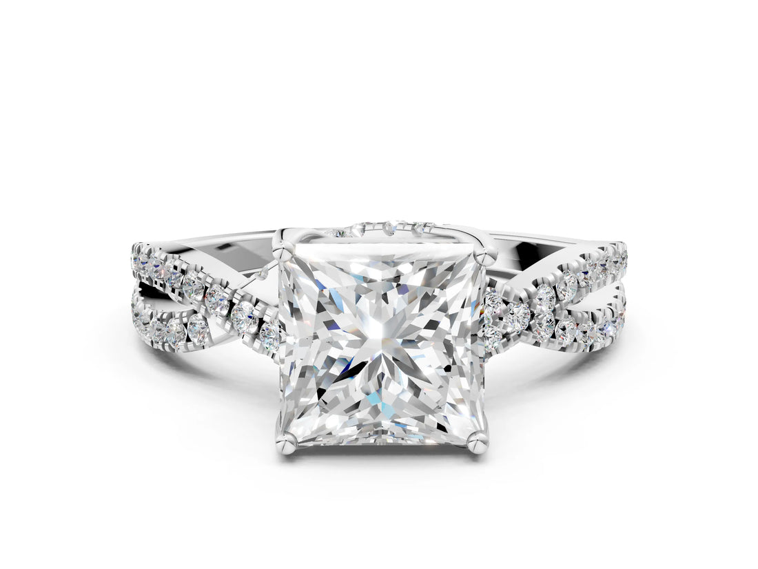 Silver Princess Cut Solitaire Twist Pave Diamond Engagement Ring with Prong Setting_19