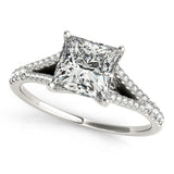 Silver 1.01 Carat F VVS2 Princess Cut Split Shank Pave Engagement Ring with Four-Prong Setting