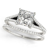 Silver 1.01 Carat F VVS2 Princess Cut Split Shank Pave Engagement Ring with Four-Prong Setting