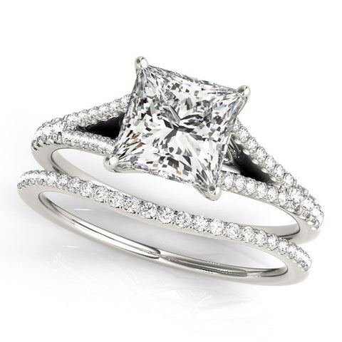 Silver Princess Cut Split Shank Pave Engagement Ring with Four-Prong Setting