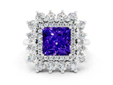 Silver Princess Cut Tanzanite Floral Double Halo Engagement Ring with Prong Setting_138