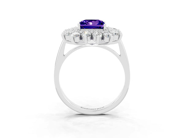 Silver Princess Cut Tanzanite Floral Double Halo Engagement Ring with Prong Setting