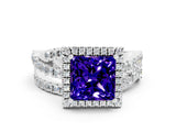 Silver Princess Cut Tanzanite Halo Ring with Round Split Shank and Prong Setting_66