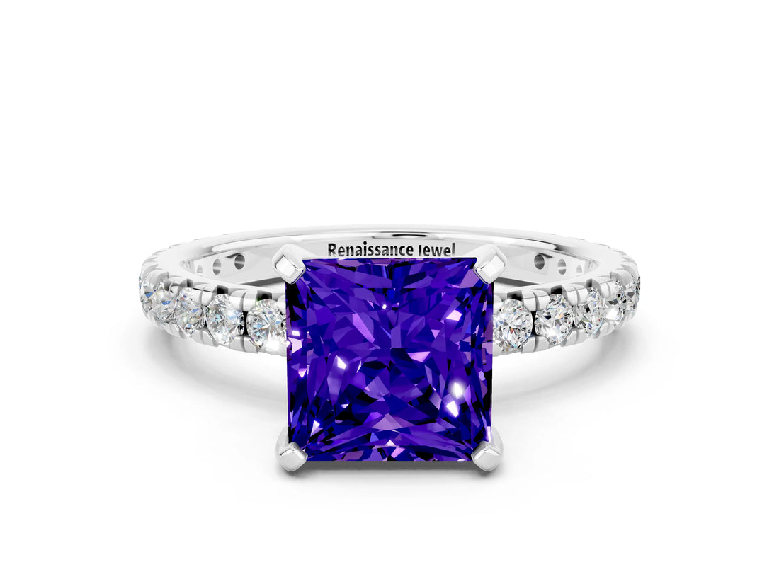 Silver Princess Cut Tanzanite Pavé Solitaire Ring with Round Band and Prong Setting_42