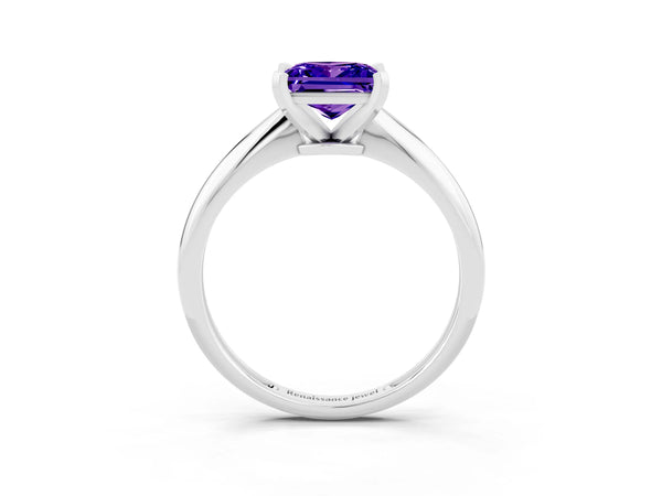 Silver Princess Cut Tanzanite Solitaire Engagement Ring with Classic Band and Four-Prong Setting