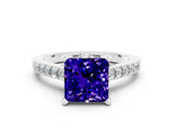 Silver Princess Cut Tanzanite Solitaire Ring with Crossover Gallery and Round  Pavé Band_42