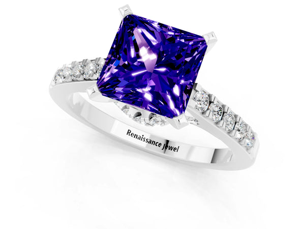 Silver Princess Cut Tanzanite Solitaire Ring with Crossover Gallery and Round  Pavé Band