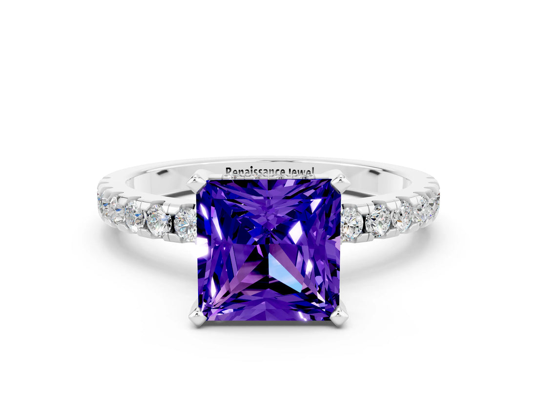Silver Princess Cut Tanzanite Solitaire Ring with Round  Pavé Band and Four-Prong Setting_36