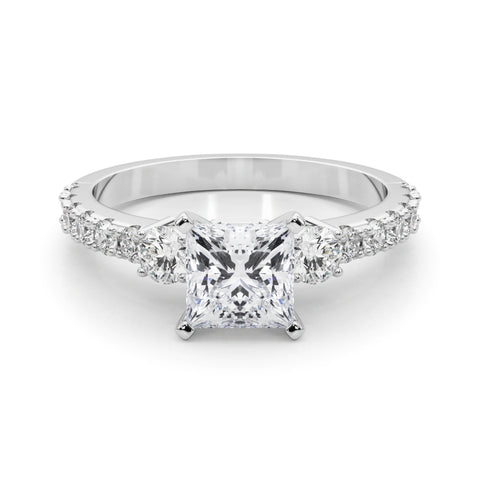 Silver Princess Cut Three-Stone Diamond Pavé Band with Prong Setting