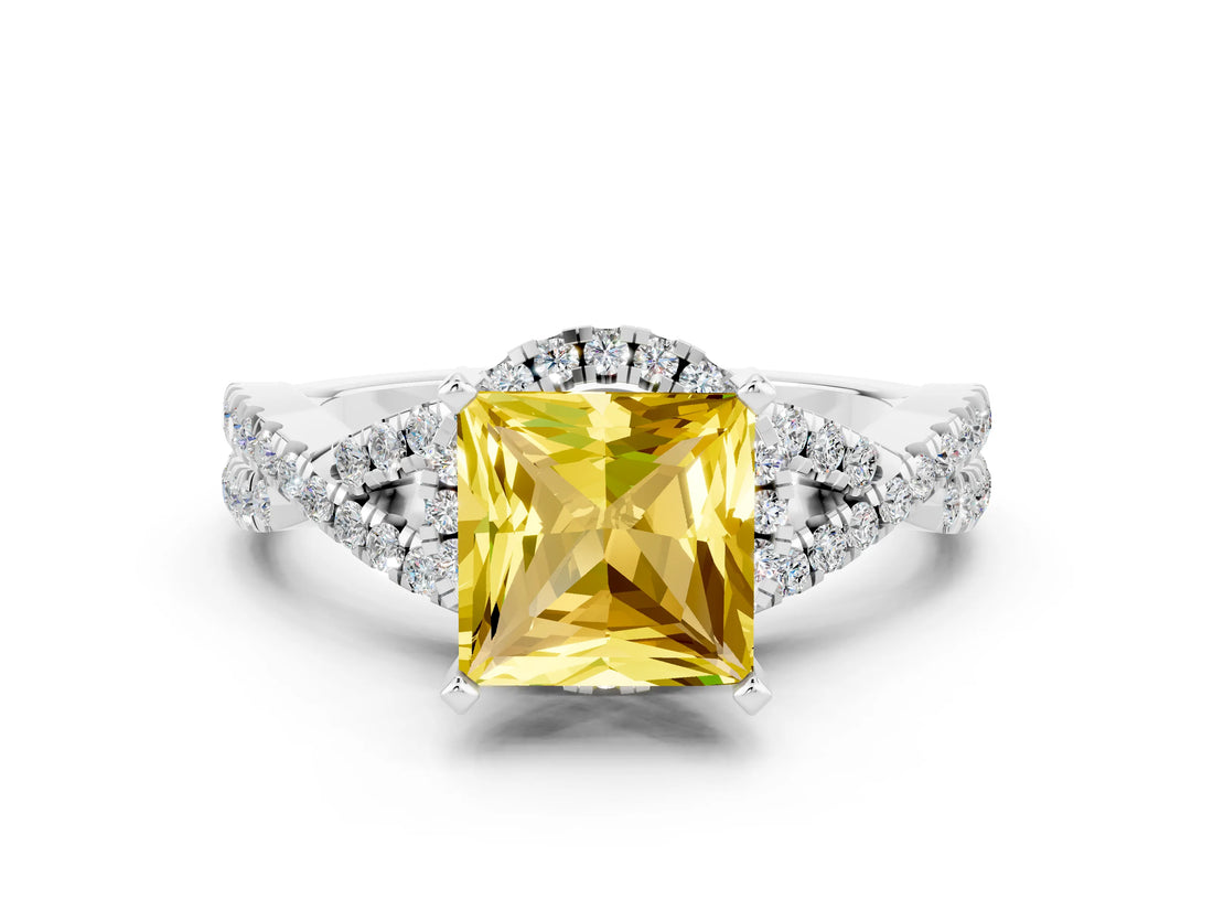 Silver Princess Cut Yellow Sapphire  Halo Twist Band Solitaire Prong Setting Ring_12