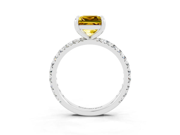 Sterling Silver Princess Cut Lab-Grown Yellow Sapphire Solitaire Engagement Ring with Shared Prong Pave Band