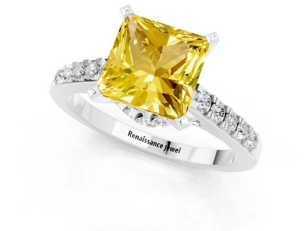 Silver Princess Cut Yellow Sapphire Solitaire Ring with Crossover Gallery and Round  Pavé Band