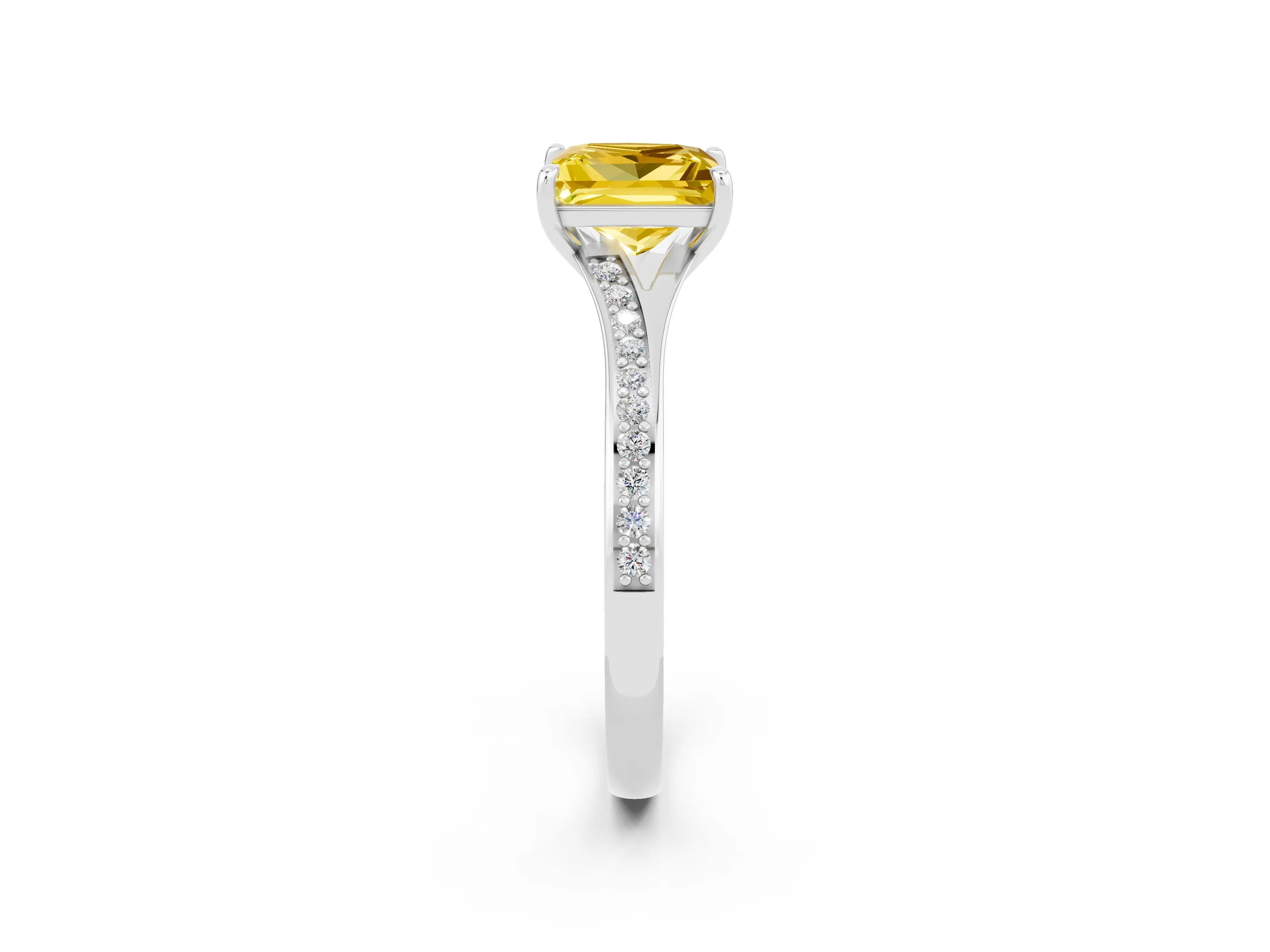 Silver Princess Cut Yellow Sapphire Solitaire Ring with Pavé Band and Prong Setting_14