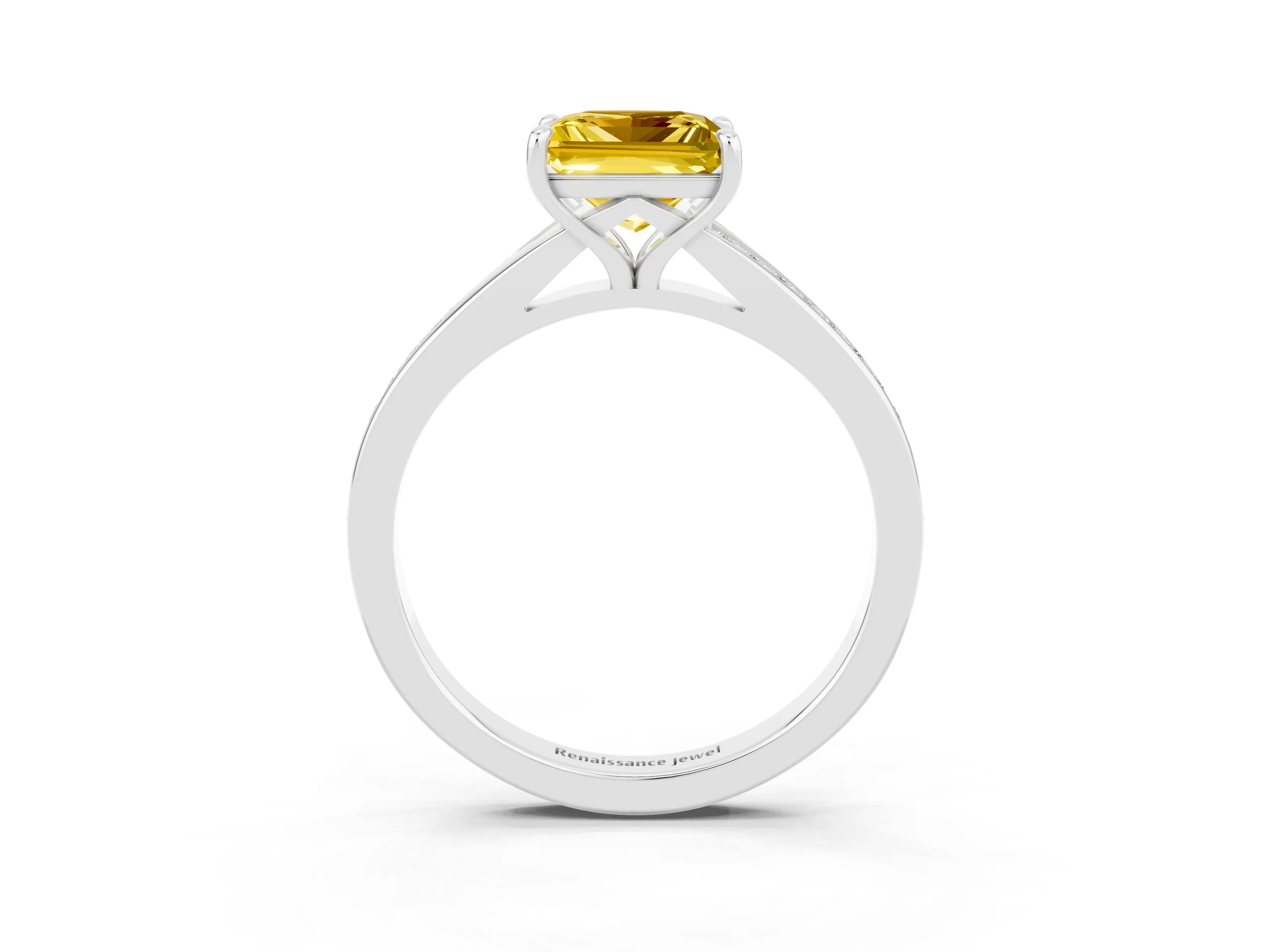 Silver Princess Cut Yellow Sapphire Solitaire Ring with Pavé Band and Prong Setting_15