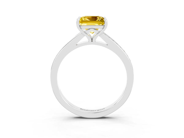 Sterling Silver Princess Cut Lab-Grown Yellow Sapphire Pave Solitaire Engagement Ring with Sweeping Shoulders