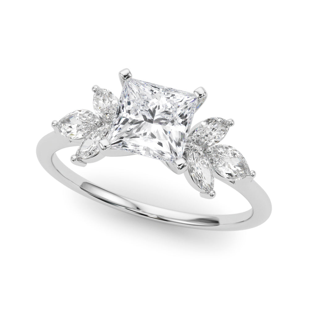 Silver Princess Diamond Floral Cluster Ring with Marquise Side Stones and Six-Prong Solitaire Setting 2