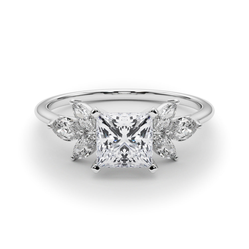 Silver Princess Diamond Floral Cluster Ring with Marquise Side Stones and Six-Prong Solitaire Setting