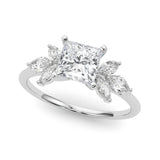 Silver Princess Diamond Floral Cluster Ring with Marquise Side Stones and Six-Prong Solitaire Setting