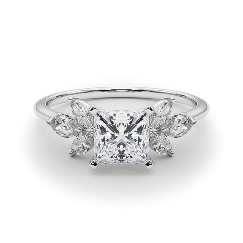 Silver Princess Diamond Floral Cluster Ring with Marquise Side Stones and Six-Prong Solitaire Setting