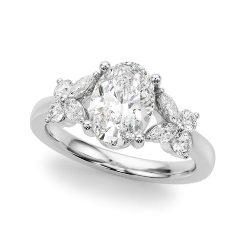 Silver Princess Diamond Floral Cluster Ring with Solitaire Band and Prong Setting