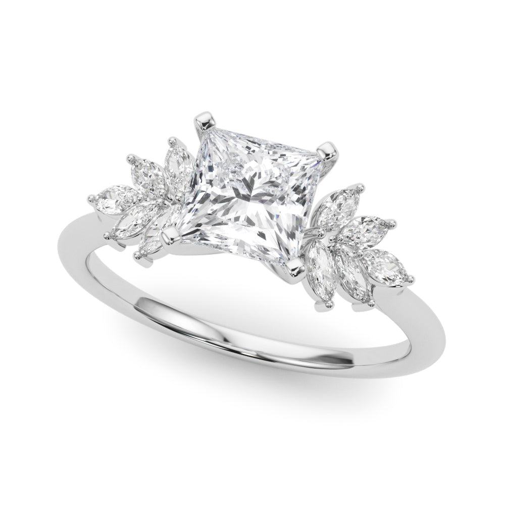 Silver Princess Diamond Floral Side Stone Solitaire with Marquise Accents and Four-Prong Setting 2