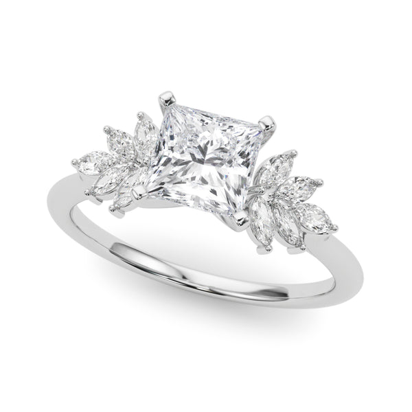 Platinum Princess Diamond Floral Side Stone Solitaire with Marquise Accents and Four-Prong Setting