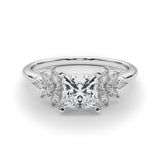 Silver Princess Diamond Floral Side Stone Solitaire with Marquise Accents and Four-Prong Setting