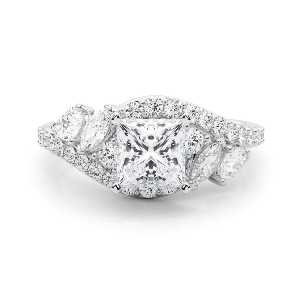 Silver Princess Diamond Halo Ring with Marquise and Pavé Band in Prong Setting