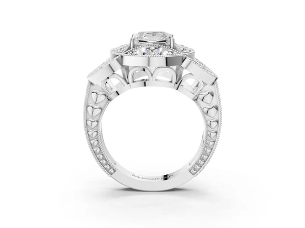 Sterling Silver Princess Cut Vintage Halo Engagement Ring Setting with Milgrain Leaf Panels