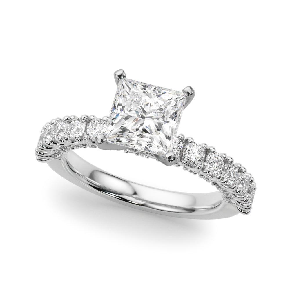 Silver 2.00 Carat D VVS1 Princess Diamond Pavé Band Solitaire Ring with Four-Prong Setting