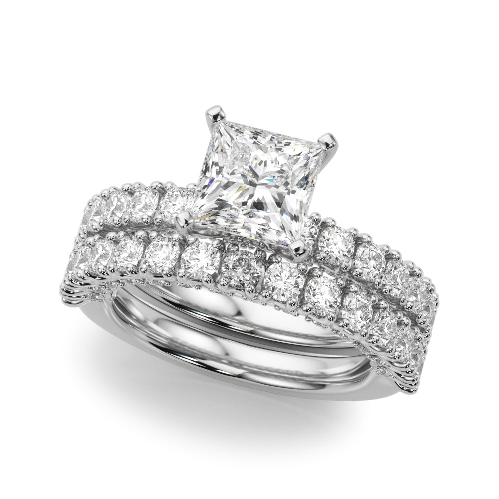 Silver Princess Diamond Pavé Band Solitaire Ring with Four-Prong Setting