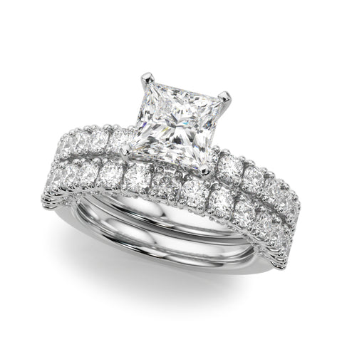 Silver Princess Diamond Pavé Band Solitaire Ring with Four-Prong Setting