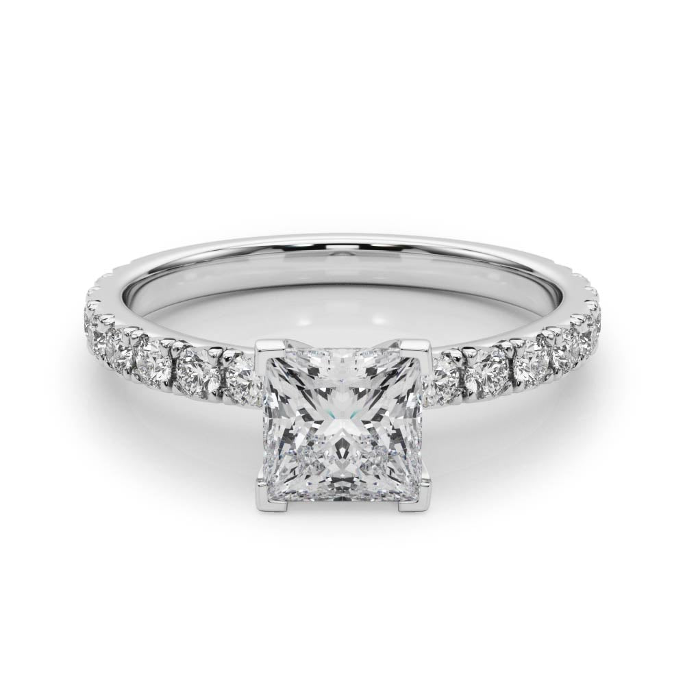 Silver Princess Diamond Pavé Band Solitaire with Four-Prong Setting