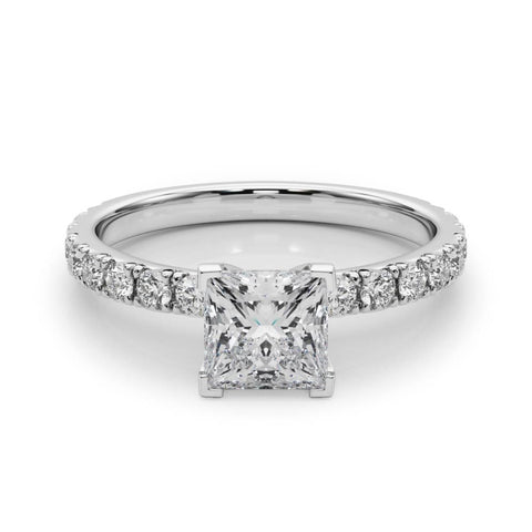 Silver Princess Diamond Pavé Band Solitaire with Four-Prong Setting
